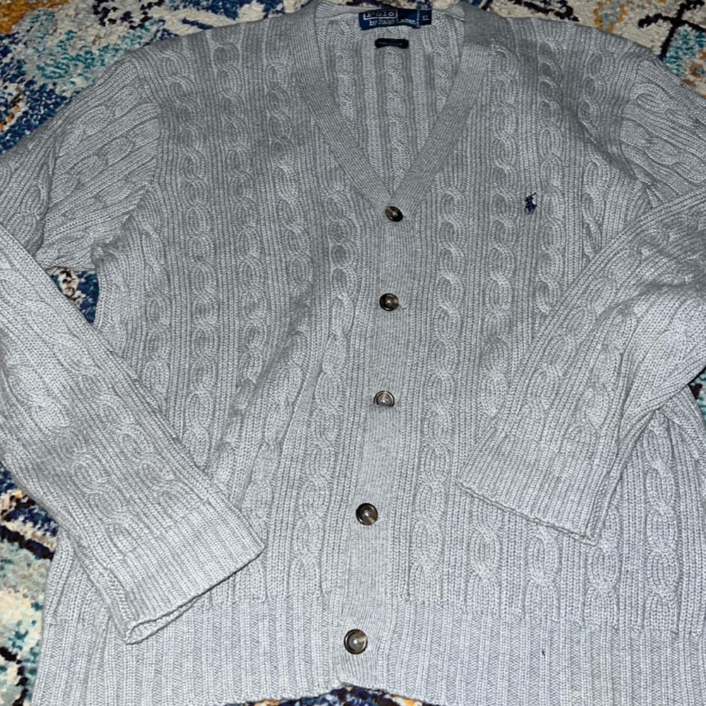 Polo Ralph Lauren grey v neck cableknit cardigan. Vintage, 90s. XL. VGUC.